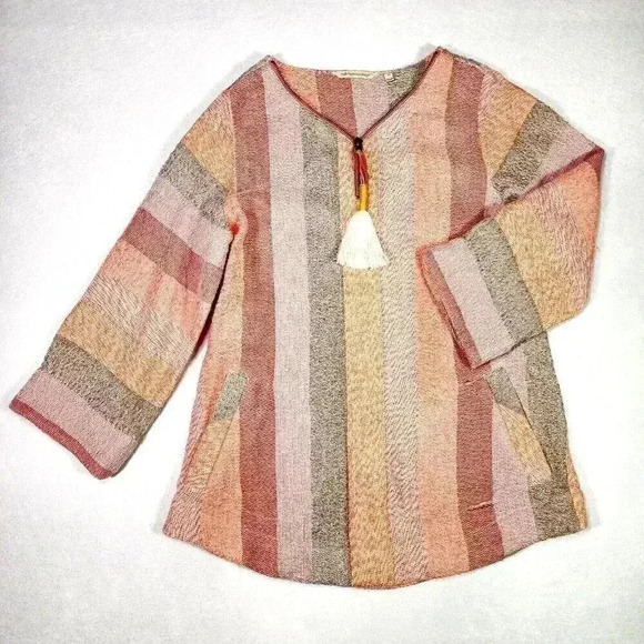 Soft Surrondings Women's Meca Tunic XS Pockets Coral/Lavender Stripes Tassel Zip - Picture 1 of 14